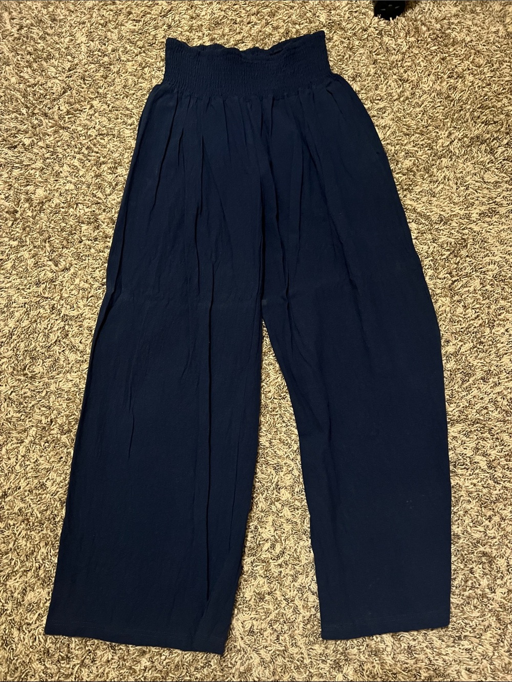 Navy Wide-Leg Smocked Waist Linen Pants